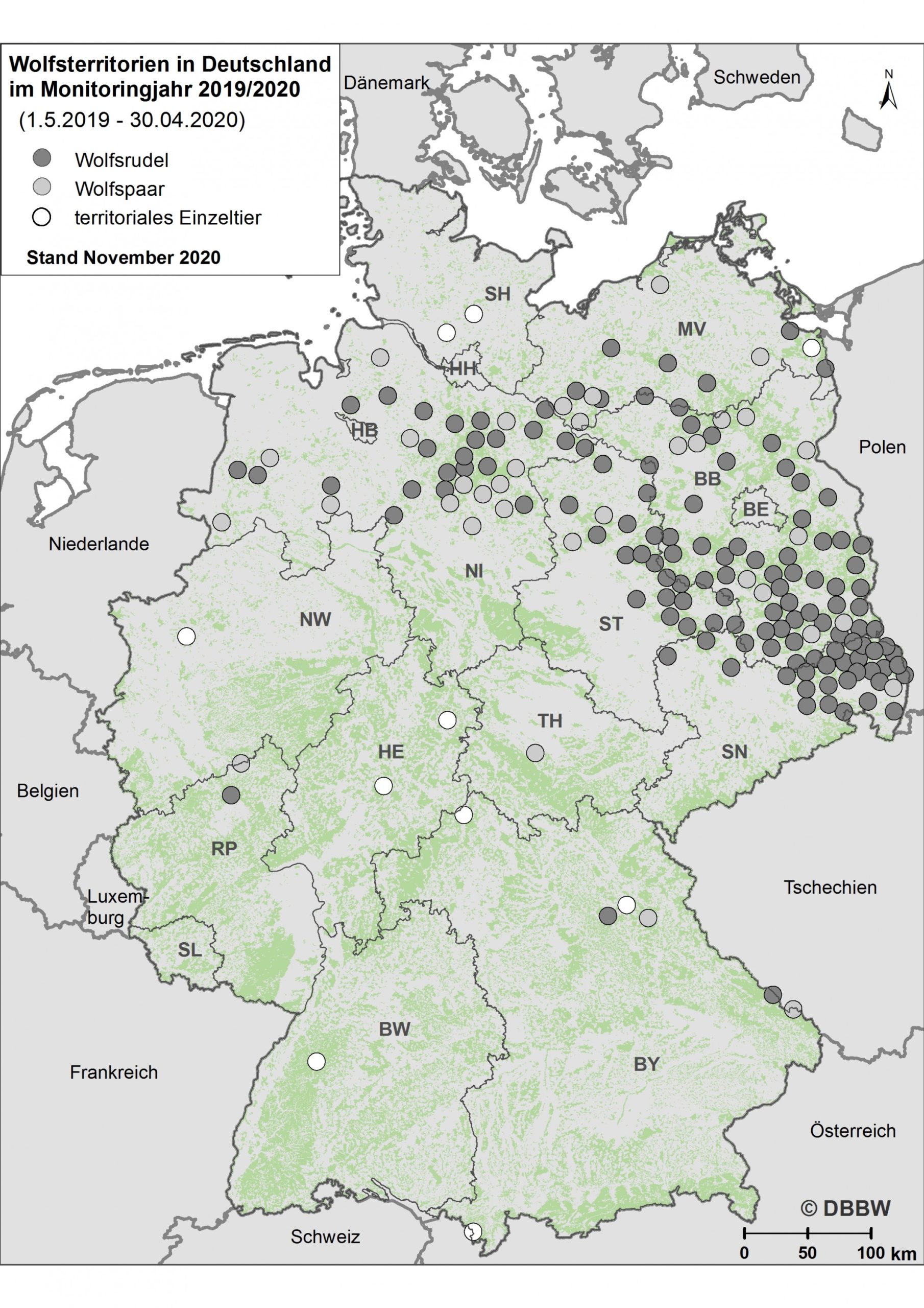Wolfsterritorien in Deutschland im Monitoringjahr 2019/20