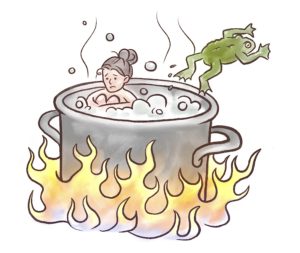 Frau im kochenden Wasser mit rausspringendem Frosch