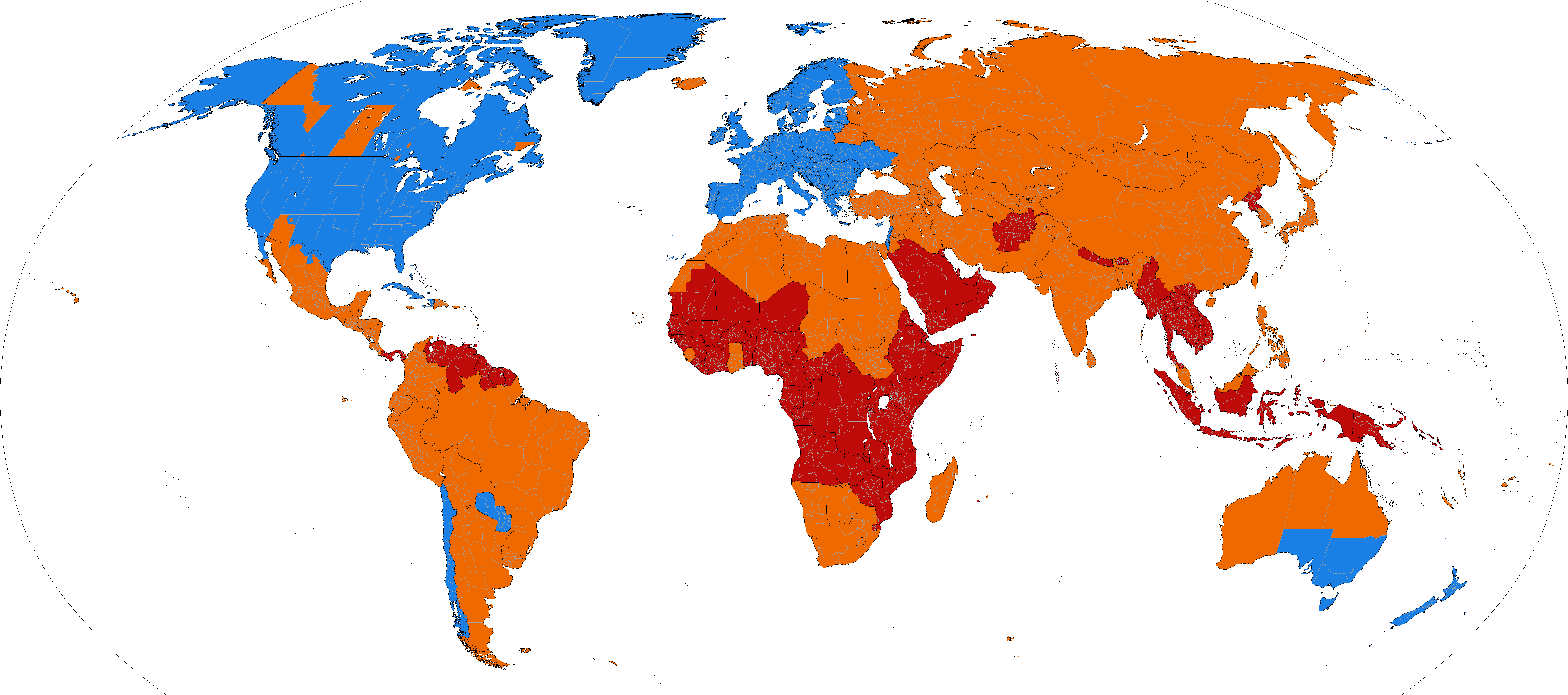Sommerzeit - Blau, Länder verwenden die Sommerzeit - Orange, Länder verwendeten die Sommerzeit - Rot, Länder haben die Sommerzeit noch nie verwendet (Paul Eggert, CC BY-SA 3.0, via Wikimedia Commons)